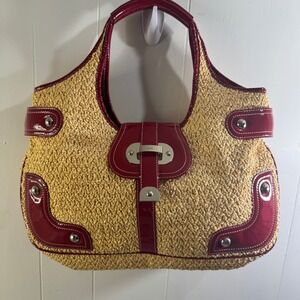 Rafe New York Woven Straw Hobo Bag Red Patent Leather Trim Silver Hardware Tan
